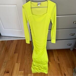 Neon Yellow Long Sleeve Mesh Midi Dress
